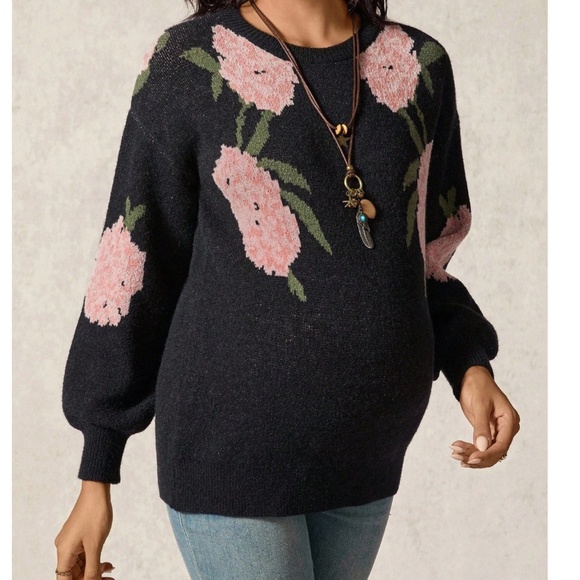 Maternity Floral Print Round neck Knit Sweater Top - Picture 3 of 5